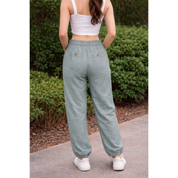 Liz Claiborne Pants - Liz Claiborne Green Linen Blend Jogger Pants Petite Small PS Drawstring Casual